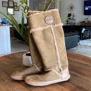 Tory Burch Amelie Shearling Tan Suede and Leather and Rubber Tall Boots Size 11